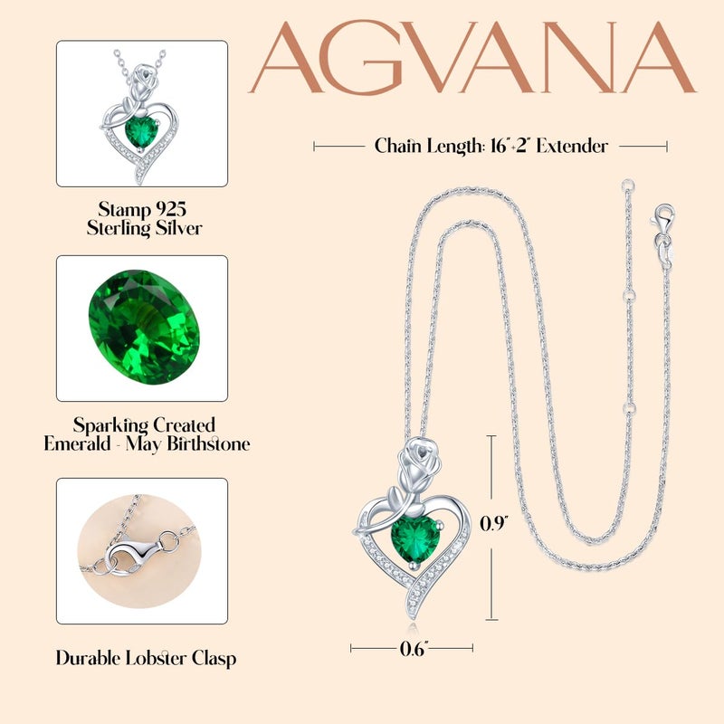 AGVANA May Birthstone Jewelry Emerald Necklace for Women Sterling Silver Rose Flower Heart Pendant Necklace Fine Jewelry Anniversary Birthday Gifts for Women Mom Wife Lady Her - Image 5